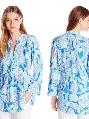 Lilly Pulitzer Blue Pink White Printed Sarasota Tunic Top size M